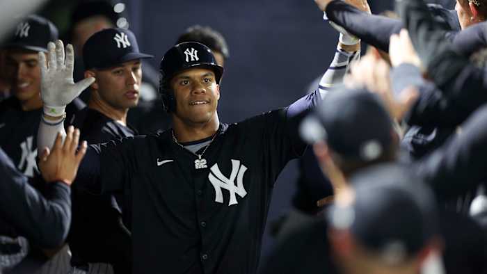 New York Yankees right fielder Juan Soto celebrates after hitting a home run against the Toronto Blue Jays.